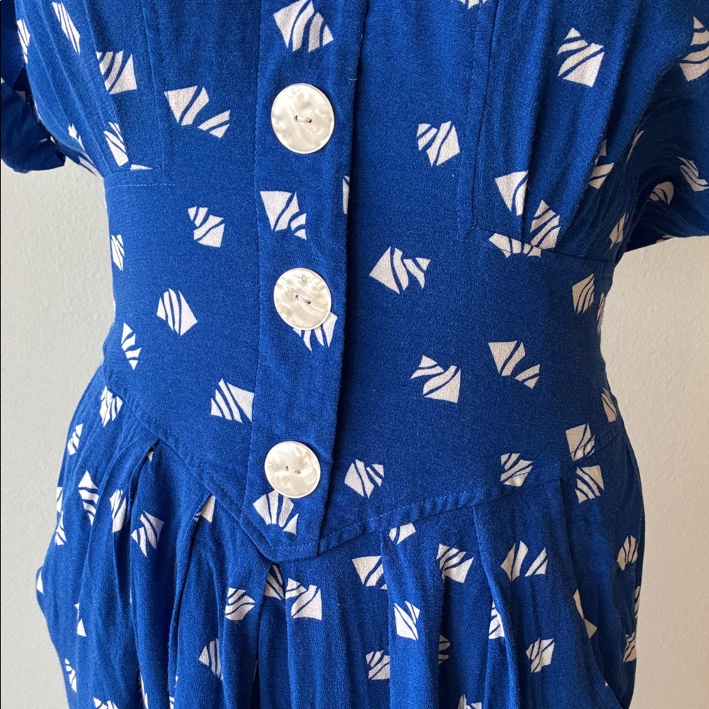 Vintage Blue Patterned Button-Up Dress - Picture 4 of 14
